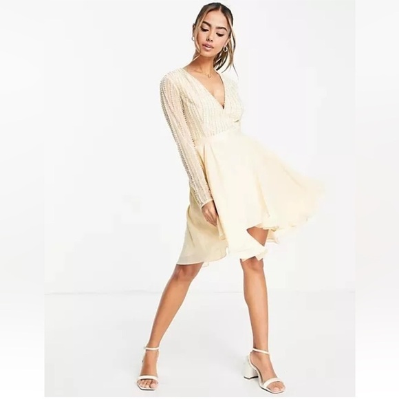 ASOS DESIGN Womens Linear Embellished Bodice Mini Dress Cream SIZE 4 pearls - Picture 6 of 13